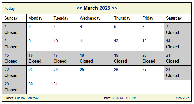 Calendar with March 22-30 closed.