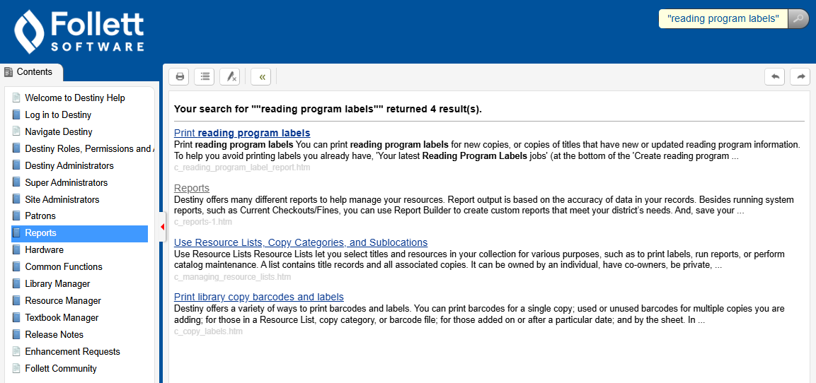 Help search results.