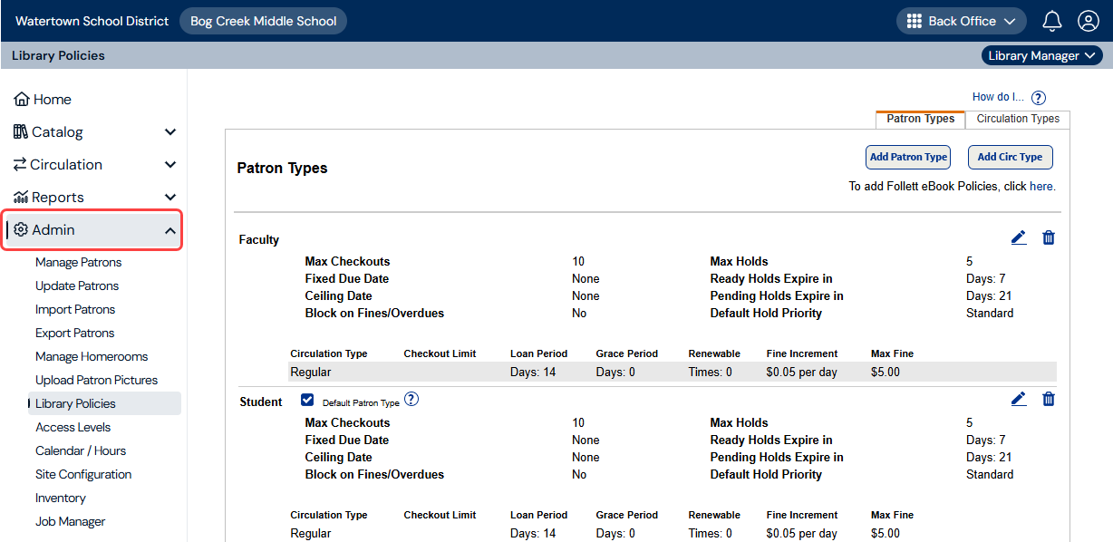 Library Policies page with Admin menu item highlighted.