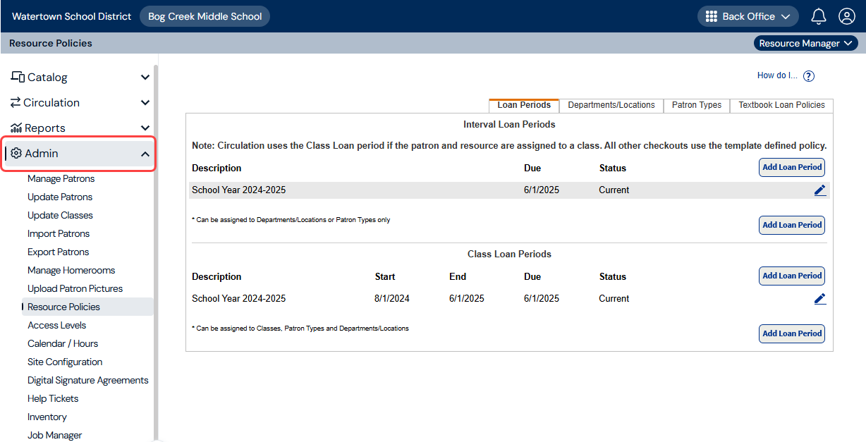 Resource Policies page with Admin menu item highlighted.