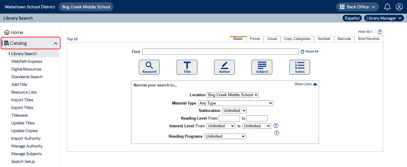 Library Search page with Catalog highlighted.