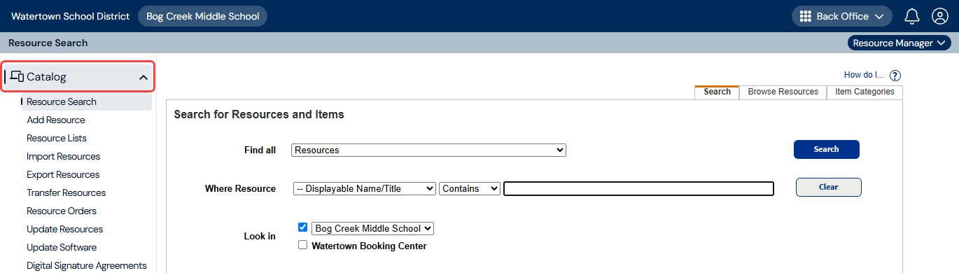 Resource Search page with Catalog menu item highlighted.