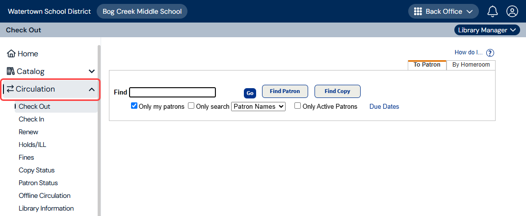 Check Out page with Circulation menu item highlighted.