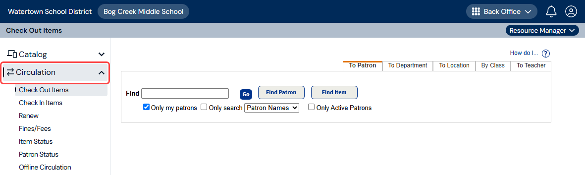 Check Out Items page with Circulation menu item highlighted.