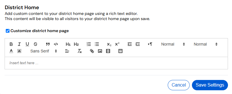 District Home section with Customize district home page selected.