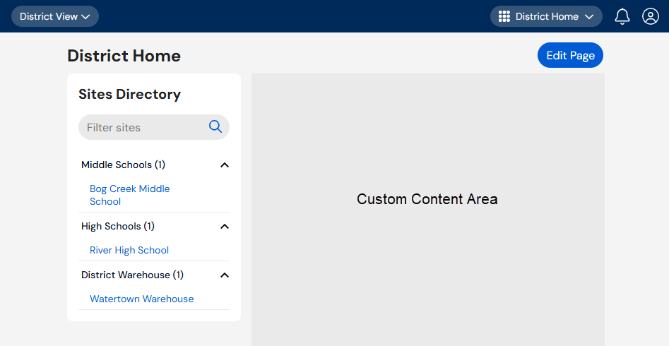 District Home page showing that custom content appears to the right of the Sites Directory.