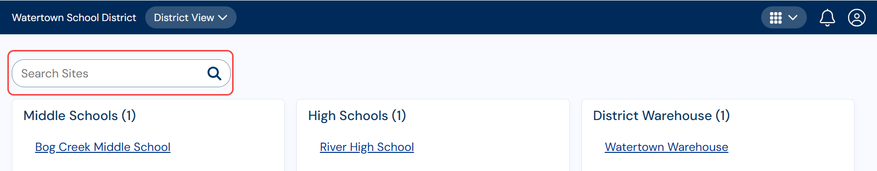 District landing page with Search Sites highlighted.