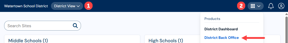 Primary navigation bar with District view and the Applications menu, District Back Office option highlighted.