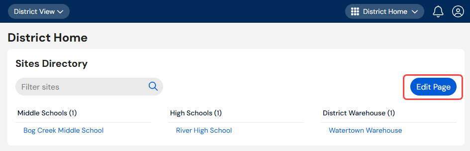 District Home page with Edit page highlighted.