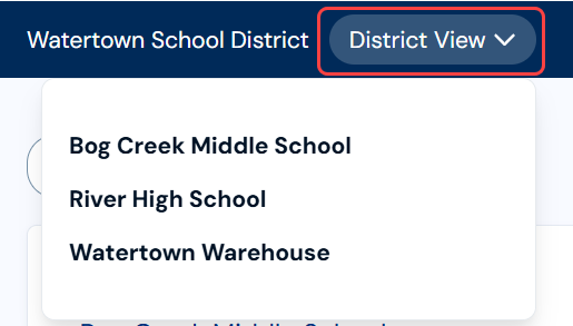 Site Switcher in District View with expanded drop-down.