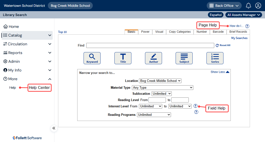 Destiny page with Page Help, Help Center, and Field Help callouts.