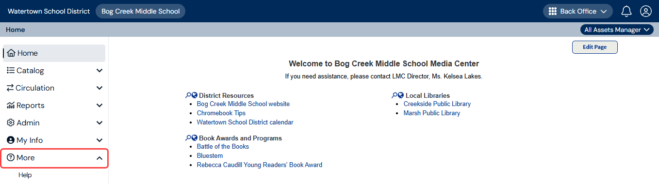 Destiny Home page with More menu item highlighted.