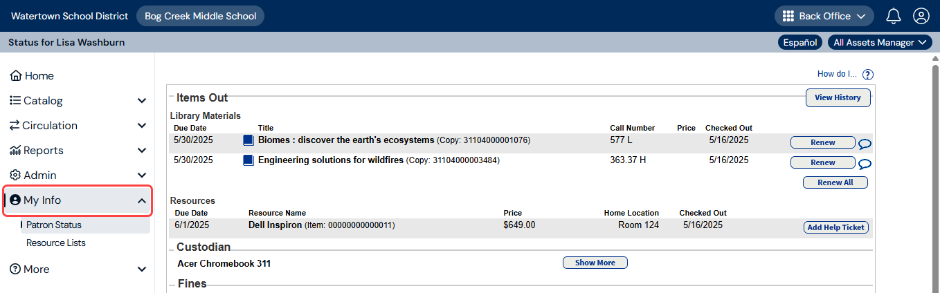 Patron Status page with My Info menu item highlighted.