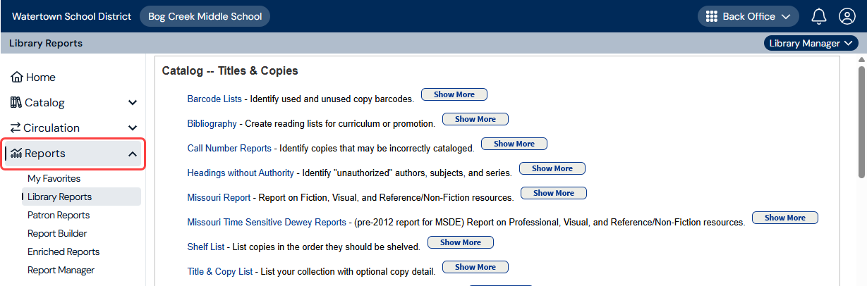 Library Reports page with Reports menu option highlighted.