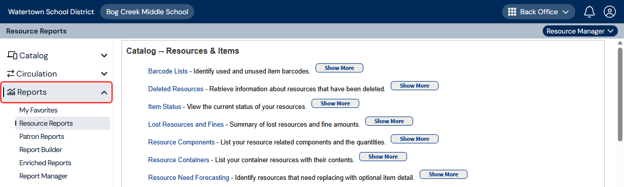 Resource Reports page with Reports menu item highlighted.