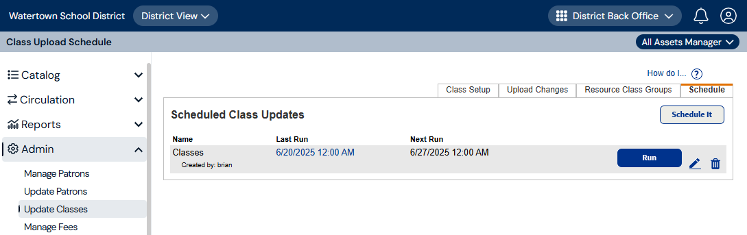District Update Classes page Schedule sub-tab