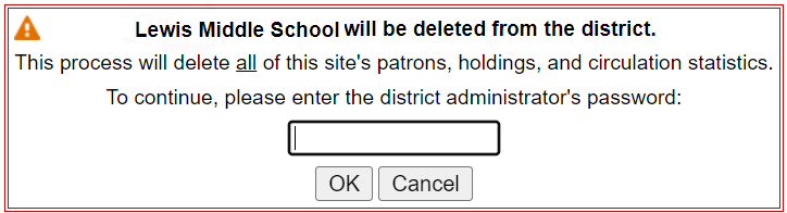 Confirmation message to delete a site. 