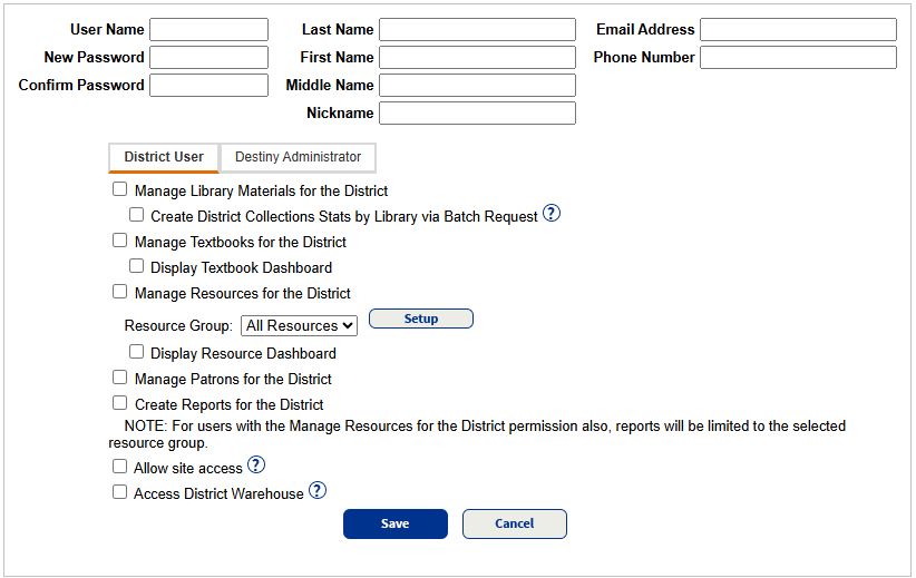 District User Setup page.