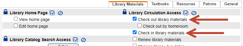 Check out and Check in library materials permissions selected.