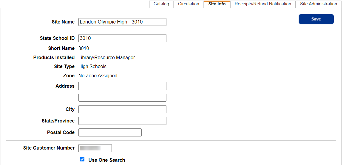 Site Configuration Site Info page.