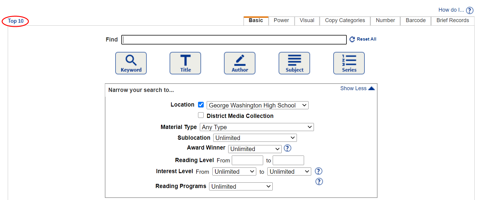 Library Search page with Top 10 link highlighted.