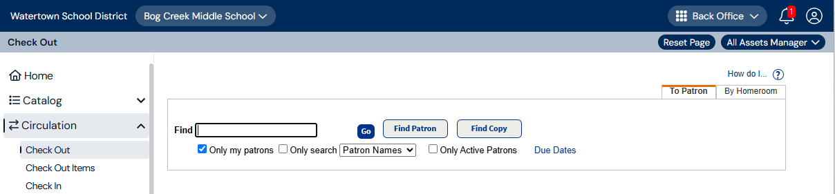 Check Out page, To Patron sub-tab.