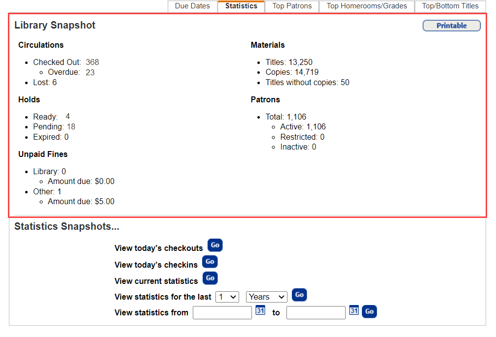 Library Statistics page.