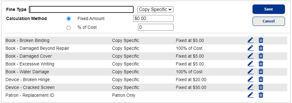 Manage Fine Types page.