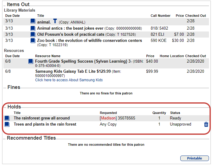 Patron's My Info Holds section