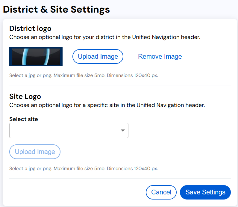 District and site settings page.