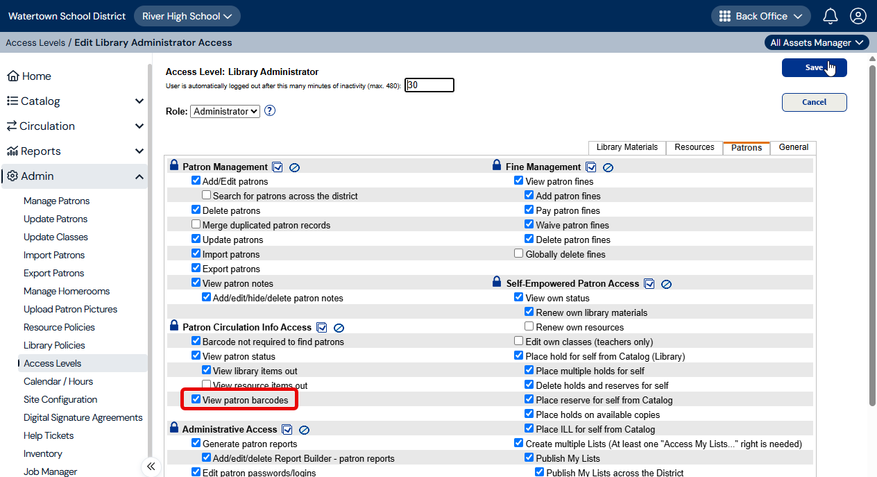Edit Library Administrator Access Level page with View patron barcodes permission circled.