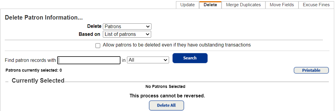 Update Patrons page Delete sub-tab based on patron list