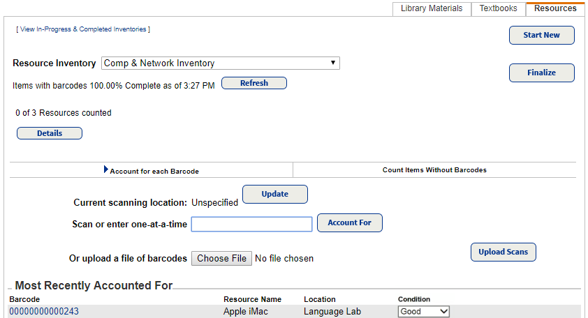 Resource Inventory of a recently accounted for item using Condition drop-down.