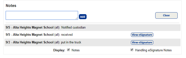 Notes page with Handling eSignature Notes.