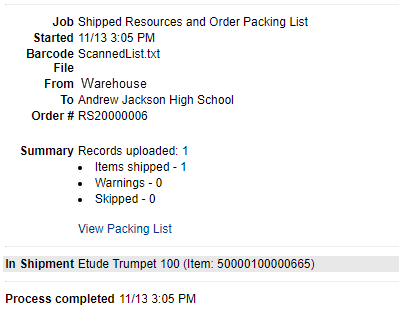 Job summary for shipped resources and the order packing list. 