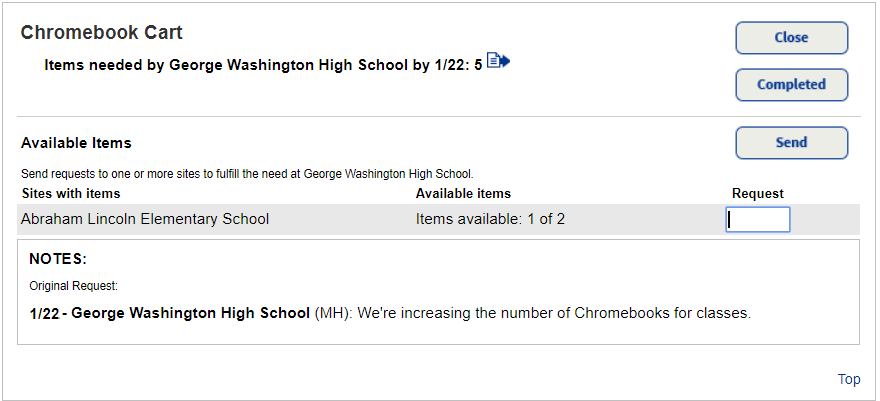 District requesting number of items from sending site.