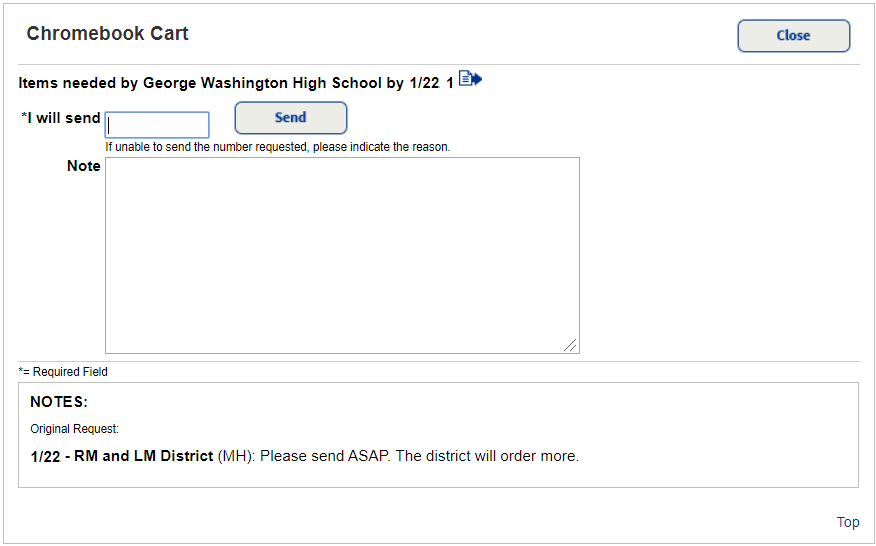 Site responding to district transfer request by confirming how many items they will send.
