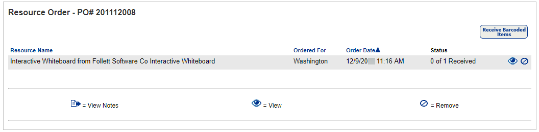 Example of the Purchase Order screen