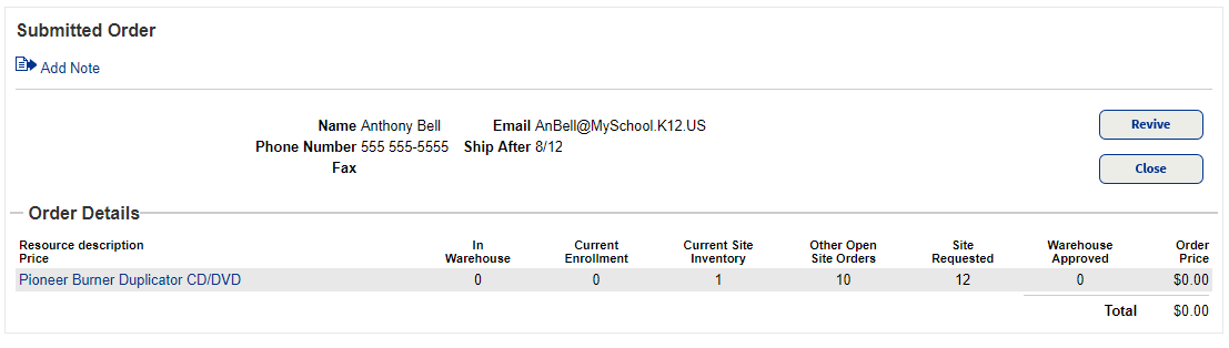 Submitted Orders page showing one submitted order