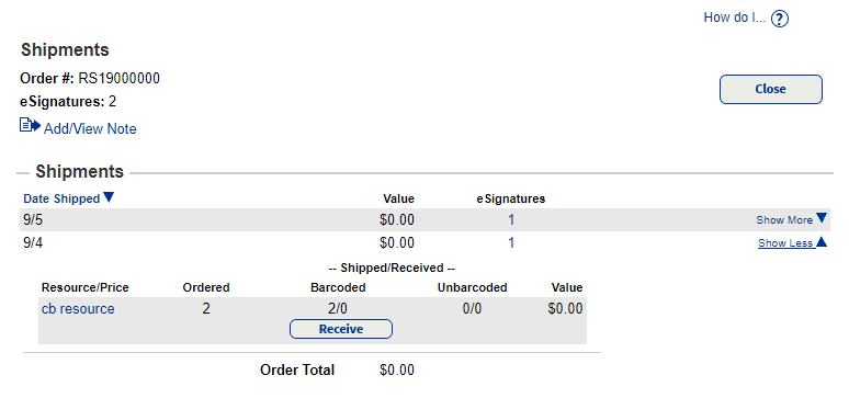 View Shipments with Show More expanded.