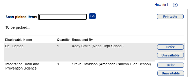 Pick List page with items to be scanned.