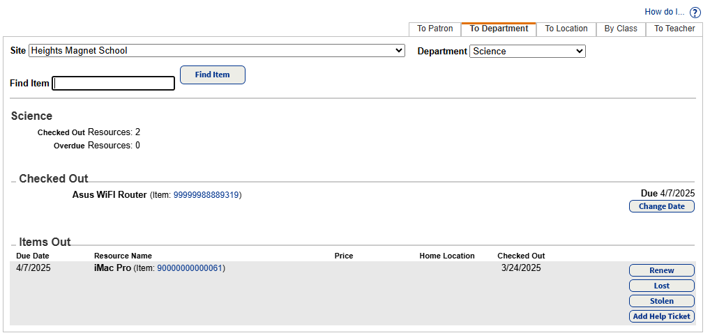 Resources checked out to department.