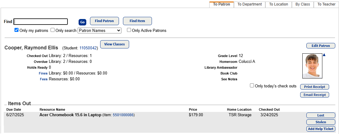 Check Out Items to Patrons page showing a user with checked out items.