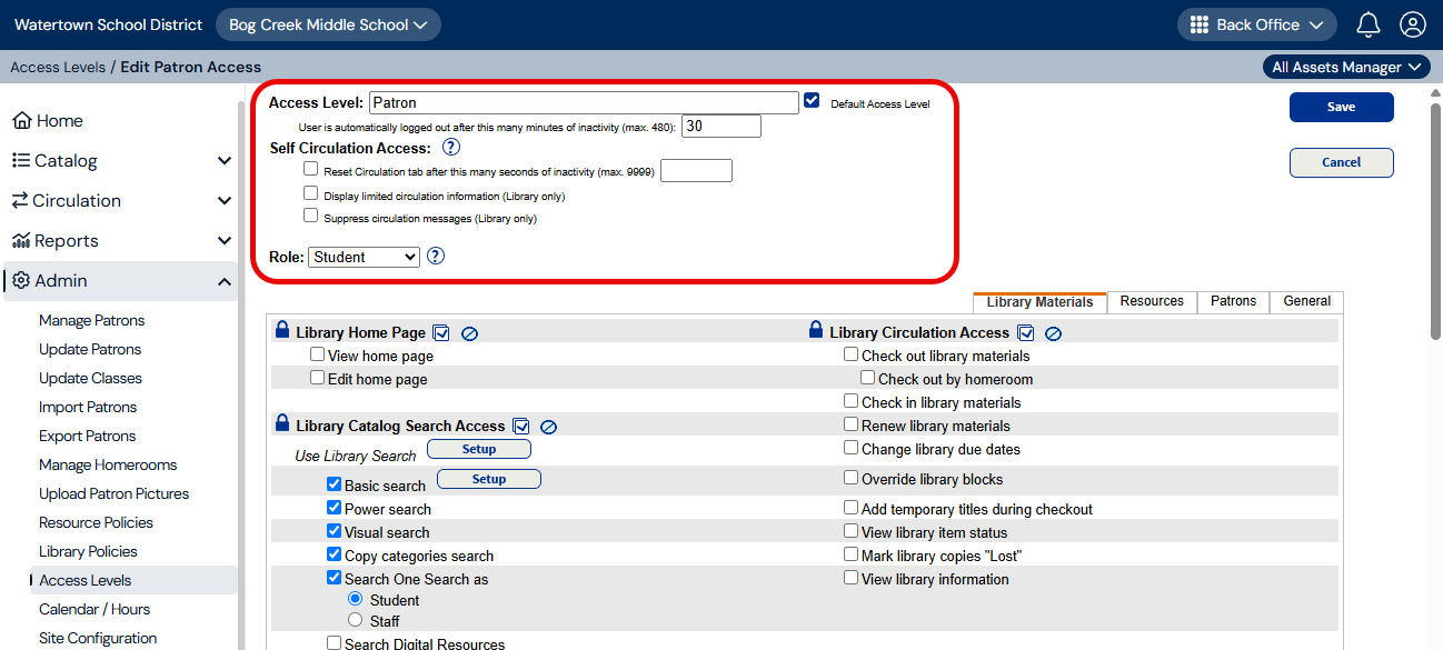 Available Self Circulation Access options. 