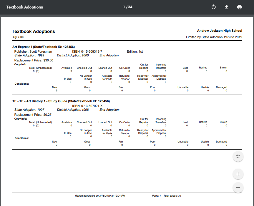 Example of the Resource Manager Textbook Adoptions report
