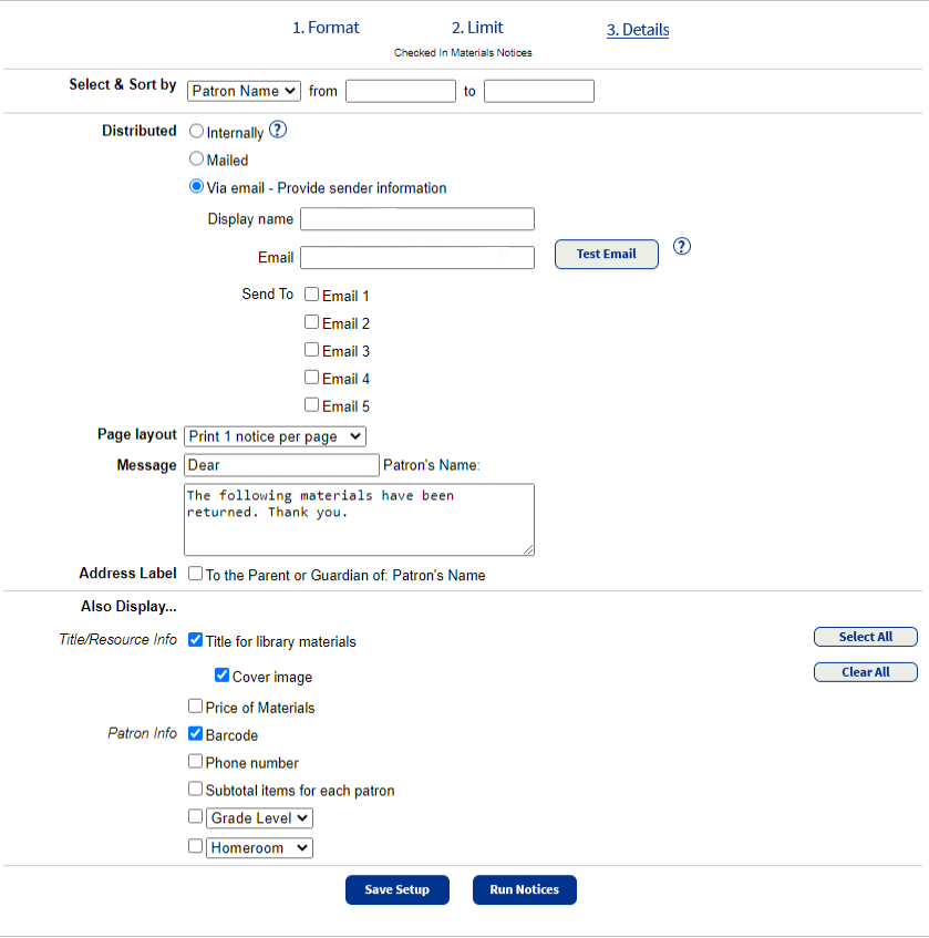 Checked in materials report details sections for notices