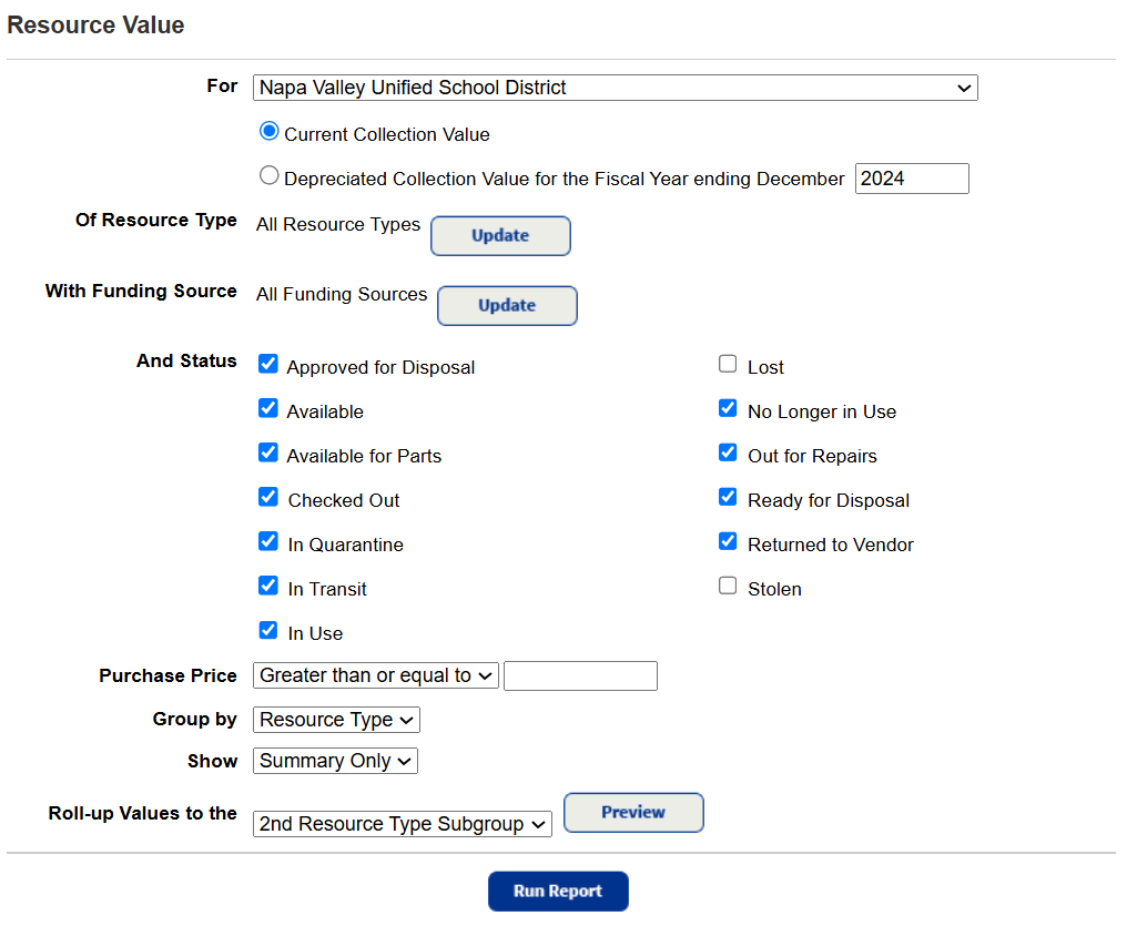 Resource value report setup page.