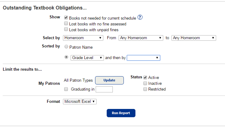 Outstanding Textbook Obligations report options.